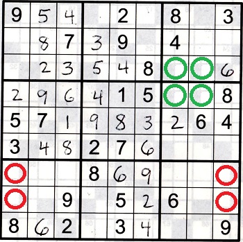 sudoku puzzle showing two examples of double row & column elimination